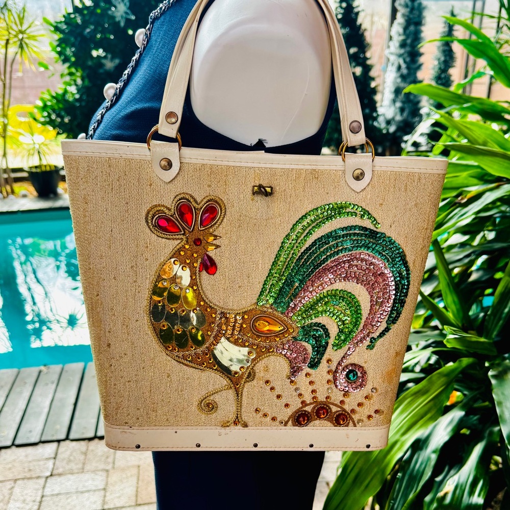 Embellished Vintage Rooster Tote Bag
